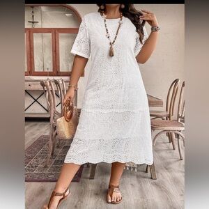 SHEIN Women’s White Eyelet Embroidery Midi Dress with Lining Short Sleeve
